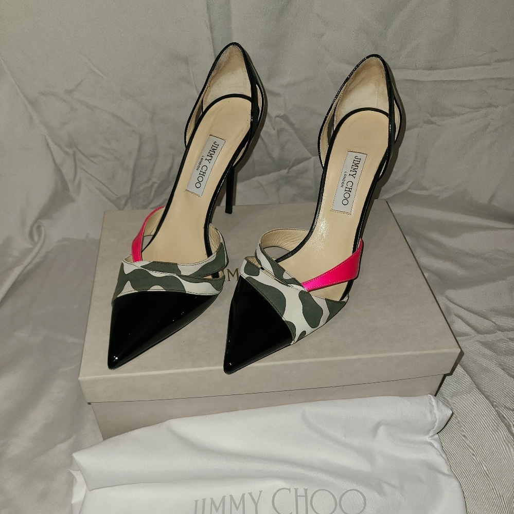 Jimmy Choo Marcine Patent Leather d'Orsay Pump in Black & Raspberry